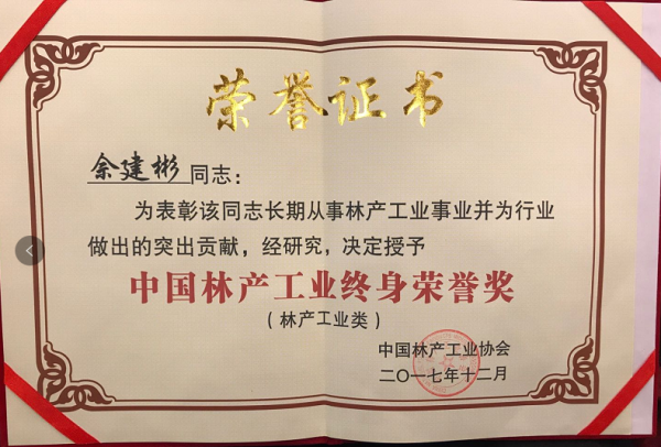 2017年12月21日，中國林產(chǎn)工業(yè)協(xié)會(huì)第五屆理事會(huì)第三次會(huì)議暨首屆中國林產(chǎn)工業(yè)創(chuàng)新大會(huì)在首都北京召開。會(huì)上對中國林產(chǎn)工業(yè)做出貢獻(xiàn)的企業(yè)和個(gè)人進(jìn)行了表彰。其中，大自然家居榮獲“首屆中國林業(yè)產(chǎn)業(yè)突出貢獻(xiàn)獎(jiǎng)”；執(zhí)行董事佘建彬榮獲“中國林產(chǎn)工業(yè)終身榮譽(yù)獎(jiǎng)”。